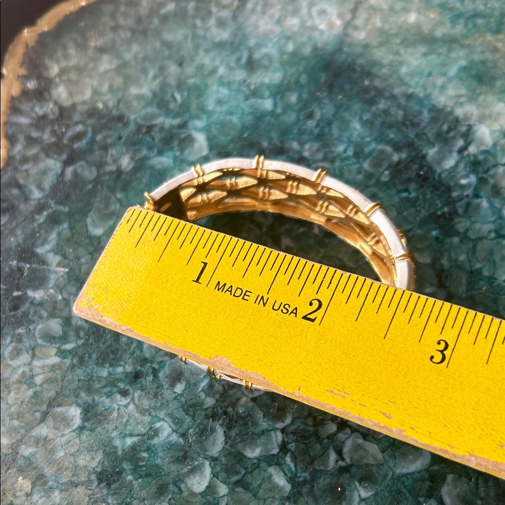 Gold-tone & White Enamel Woven Openwork Hinged Bangle Bracelet - Picture 5 of 8